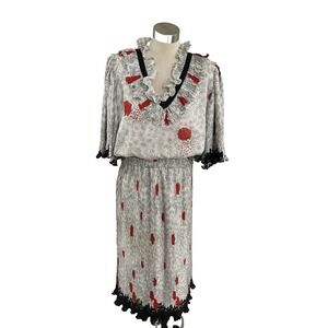 Mosaic Midi Dress Accordian‎ Pleated Georgette Blouson Skirt Blouse Vintage L/XL